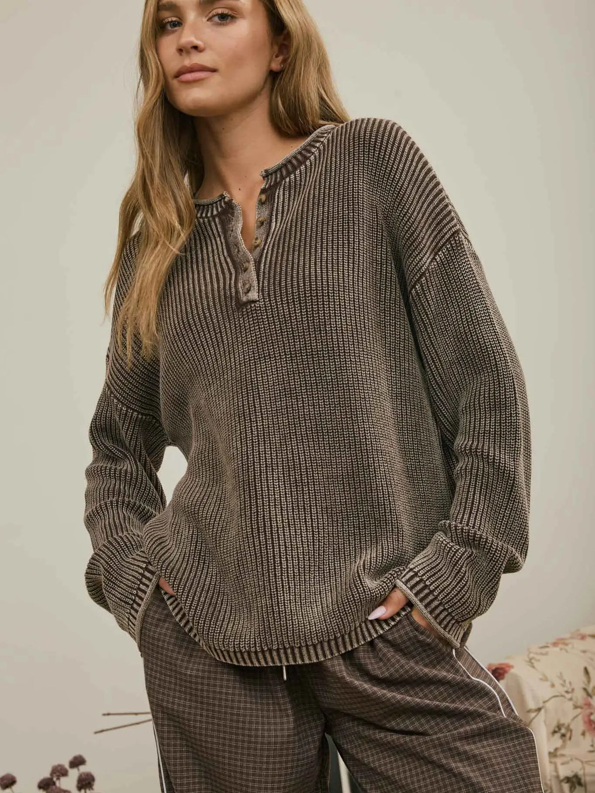 Brown Wash Henley Sweater