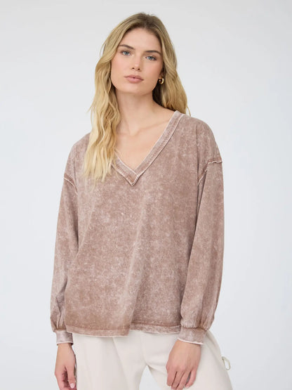 Acid Wash Long Sleeve V-Neck
