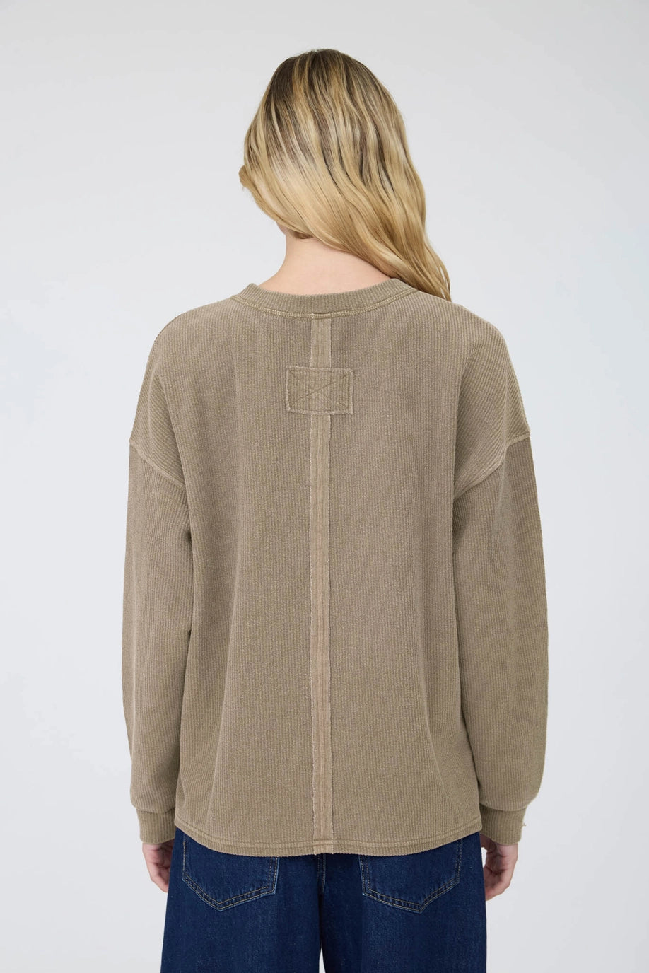Henley Ribbed Boxy Long Sleeve Washed Knit Top
