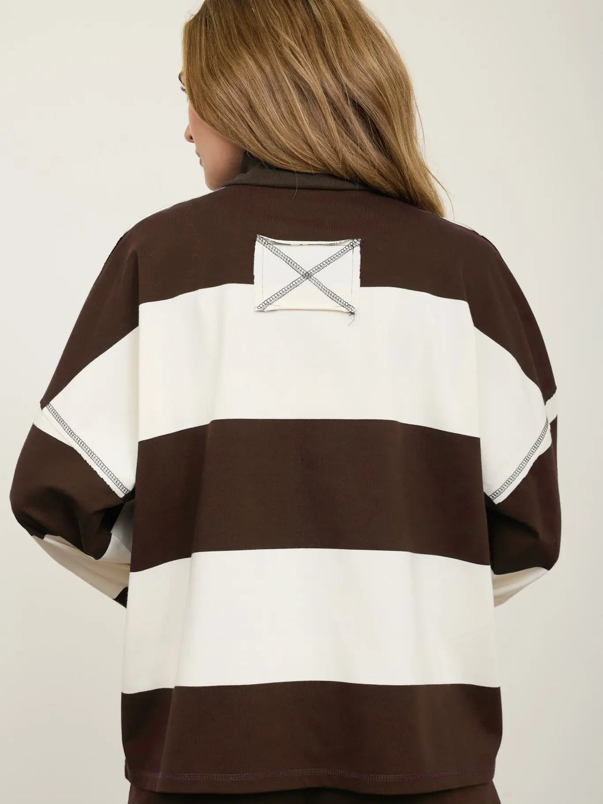 Wide Stripe Half Zip Long Sleeve Knit Top