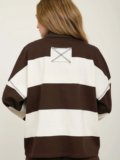Wide Stripe Half Zip Long Sleeve Knit Top