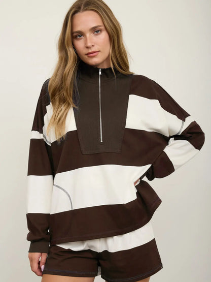 Wide Stripe Half Zip Long Sleeve Knit Top