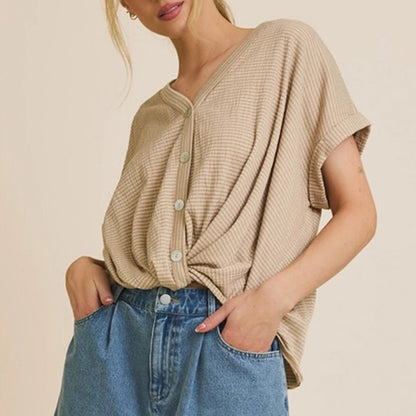 V-Neck Button Up Short Sleeve Stripe Top