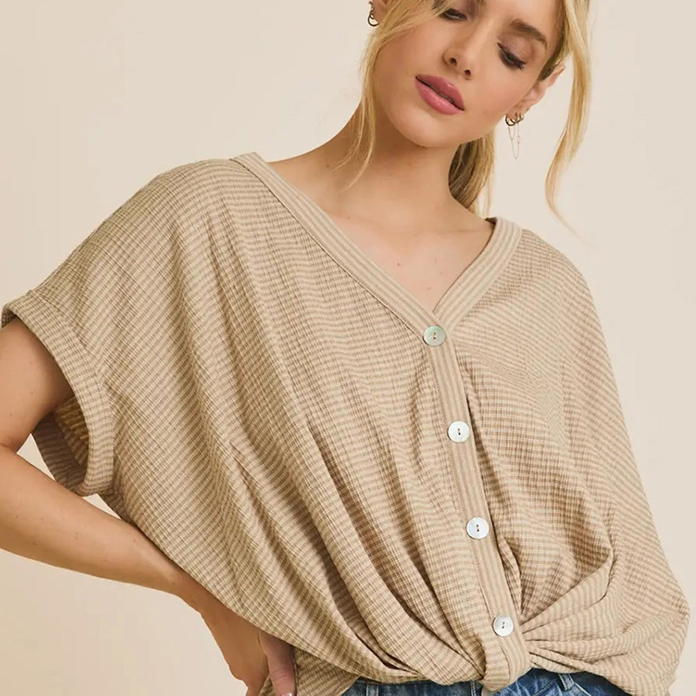 V-Neck Button Up Short Sleeve Stripe Top