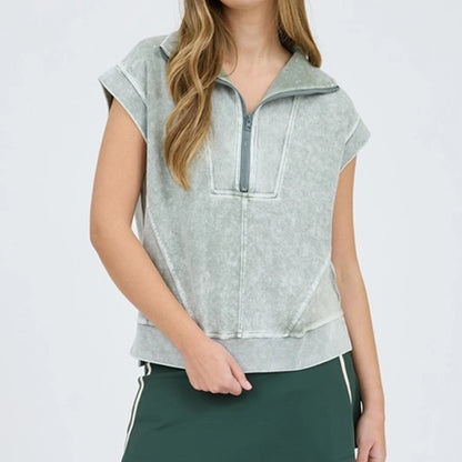 Washed Half Zip Sleeveless Knit Top