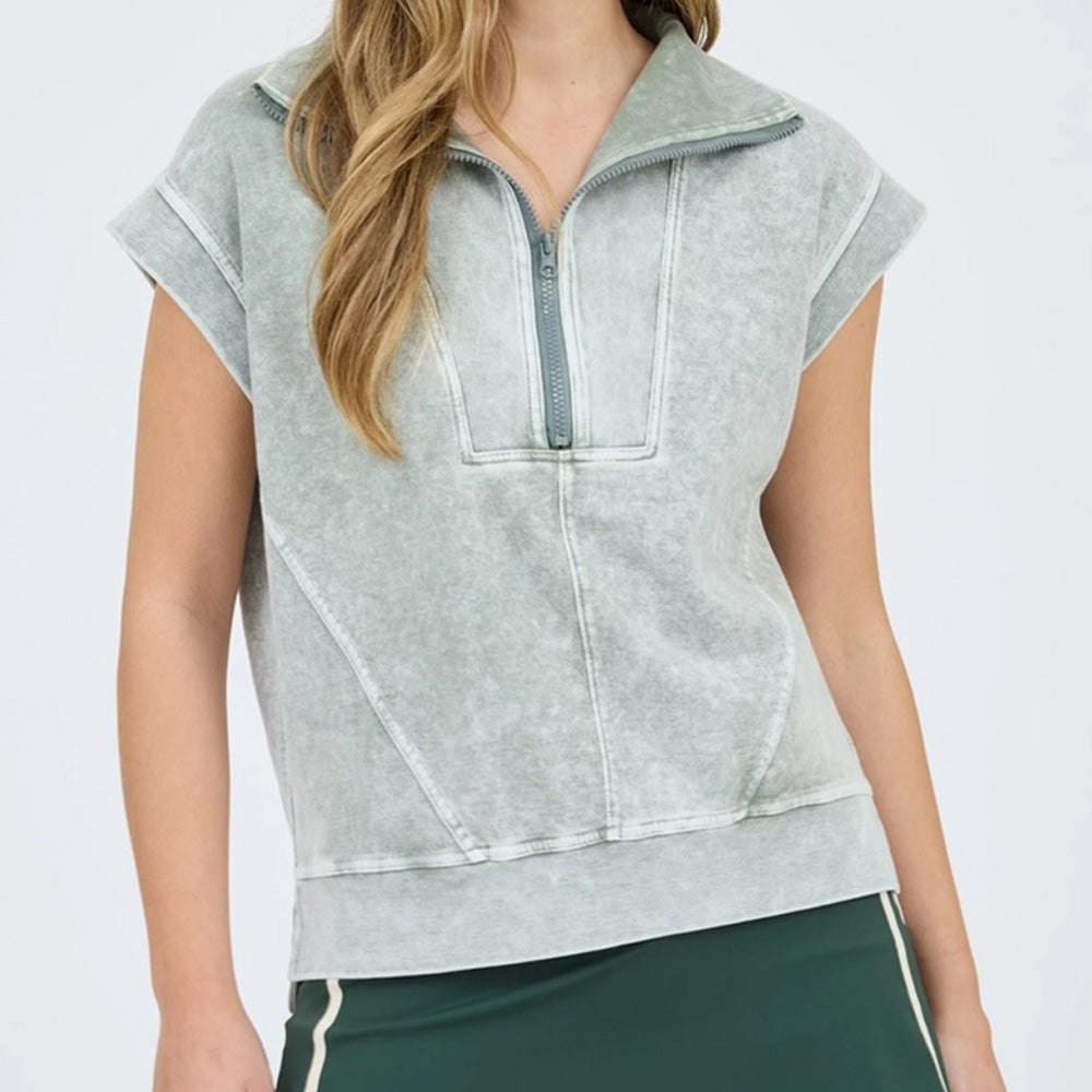 Washed Half Zip Sleeveless Knit Top