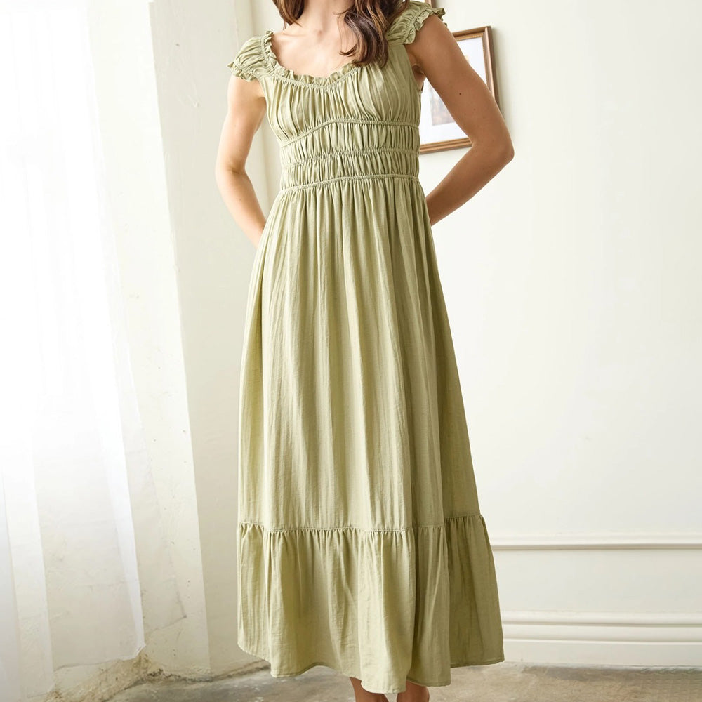 Shirred Waist Short Sleeve Midi Dress
