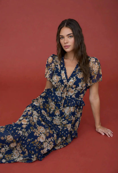 Floral V Neck Midi Dress