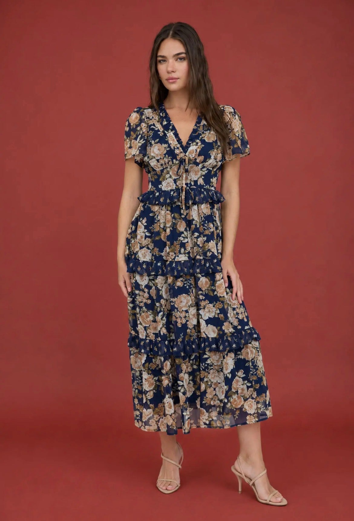 Floral V Neck Midi Dress