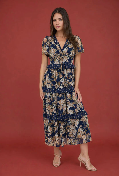 Floral V Neck Midi Dress