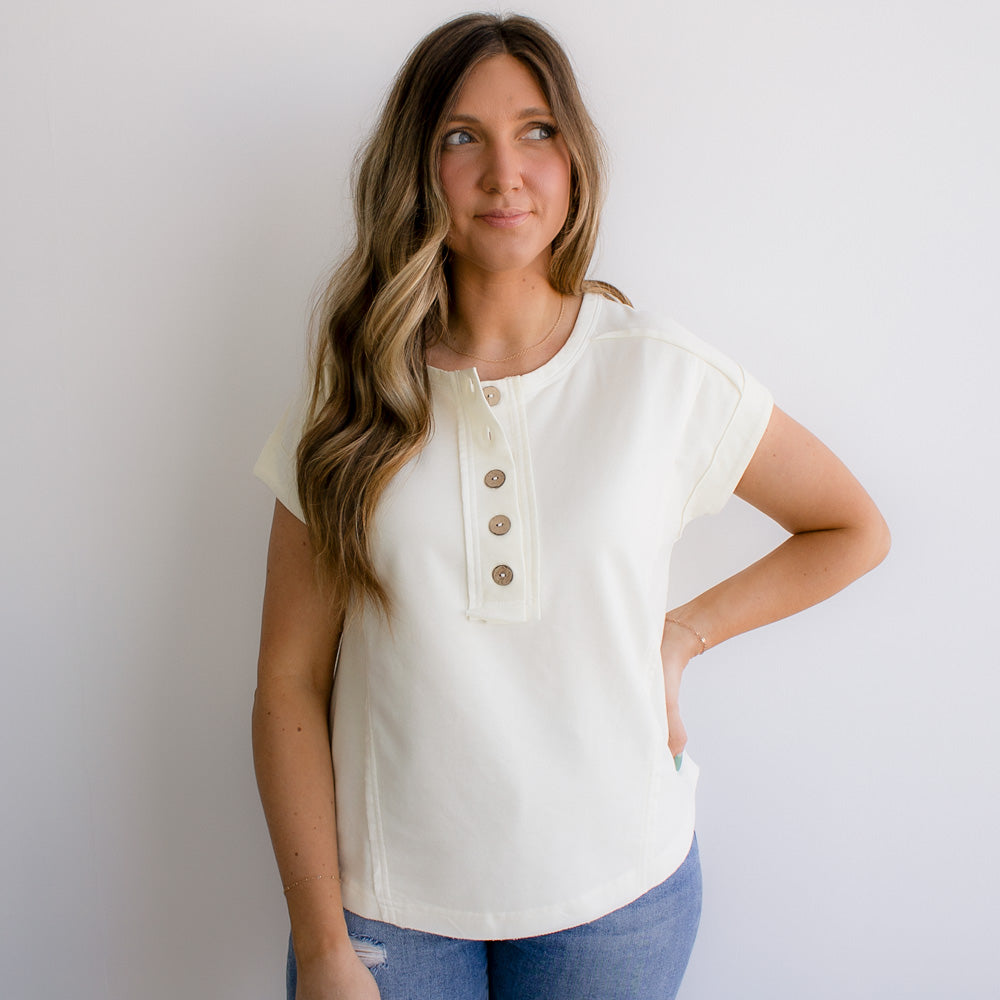 Exposed Seam Short Sleeve Henley Knit Top