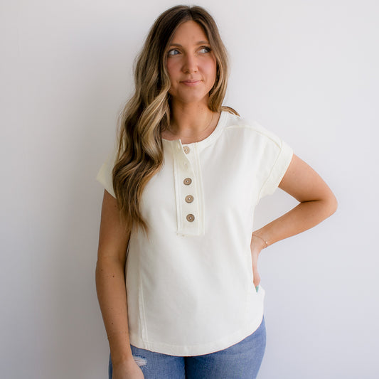 Exposed Seam Short Sleeve Henley Knit Top