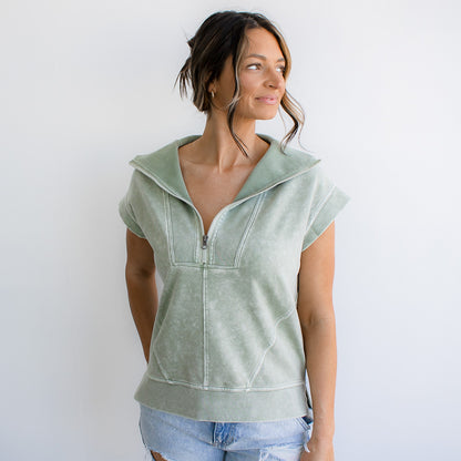 Washed Half Zip Sleeveless Knit Top