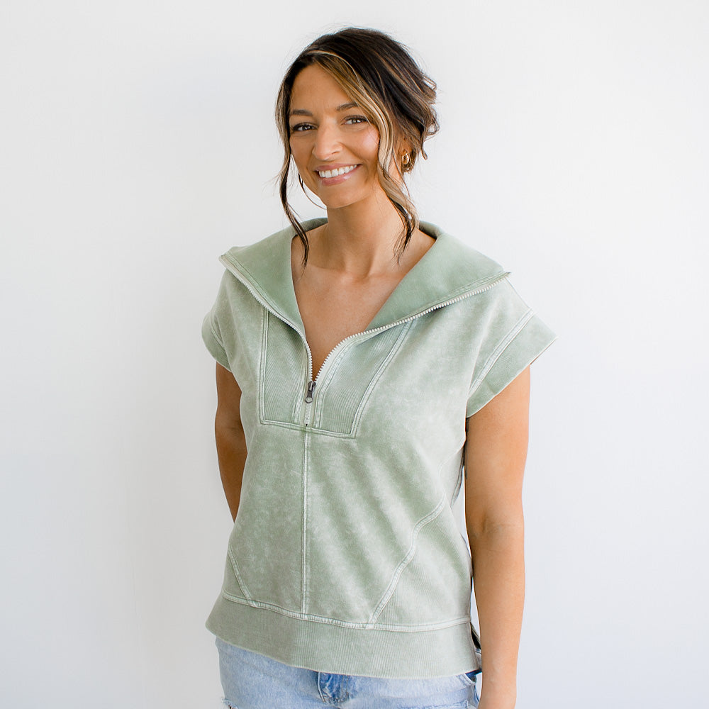 Washed Half Zip Sleeveless Knit Top
