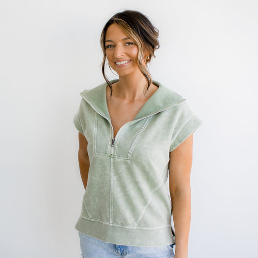 Washed Half Zip Sleeveless Knit Top