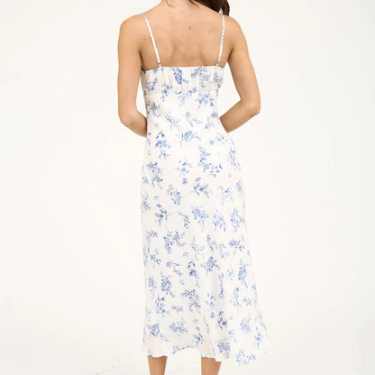 Floral Spaghetti Strap Drawstring Front Midi Dress