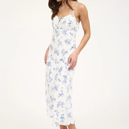 Floral Spaghetti Strap Drawstring Front Midi Dress