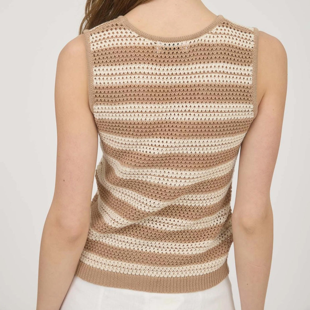 Stripe Front Tie Sleeveless Crochet Knit Pullover
