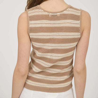 Stripe Front Tie Sleeveless Crochet Knit Pullover