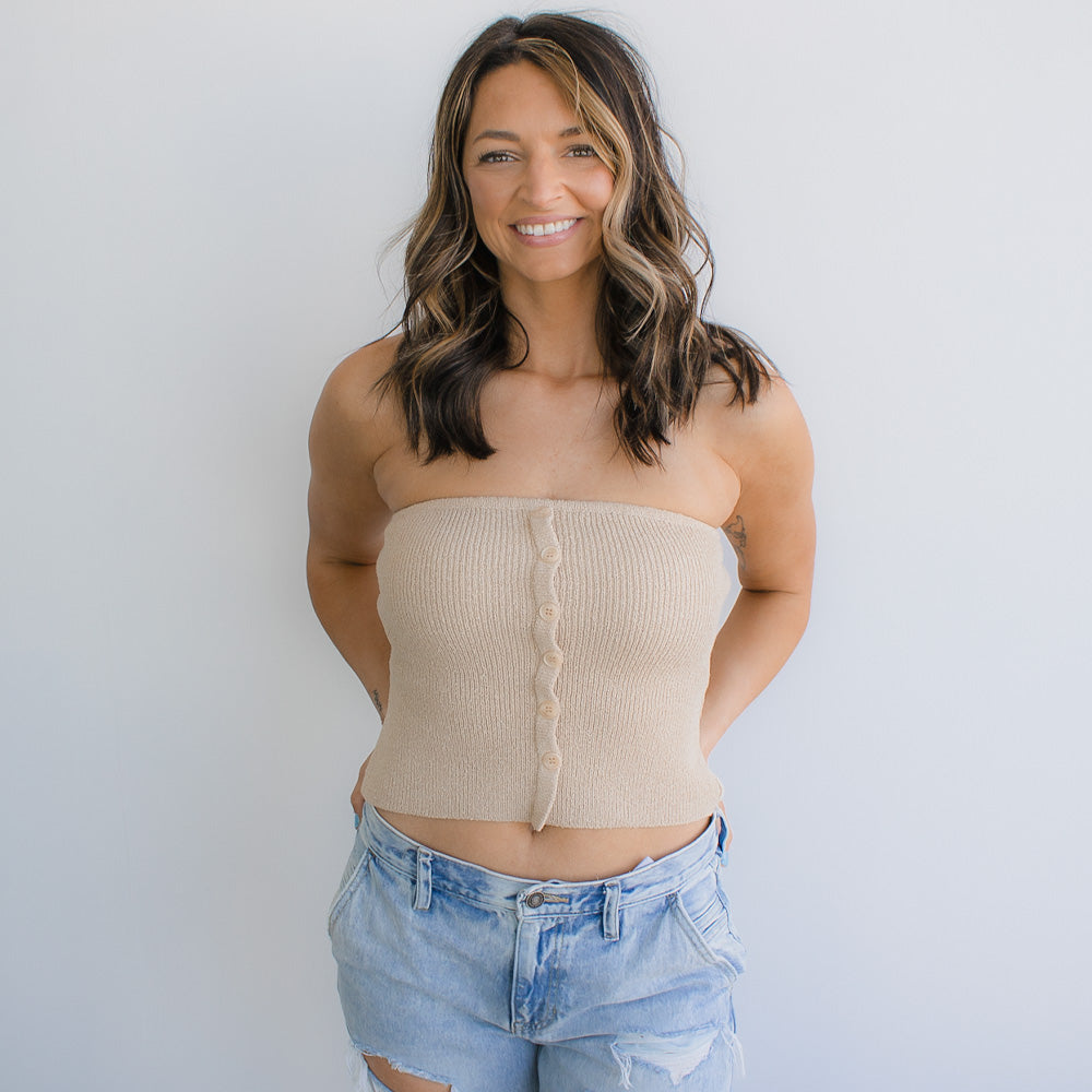 Strapless Button Down Sweater Knit Top