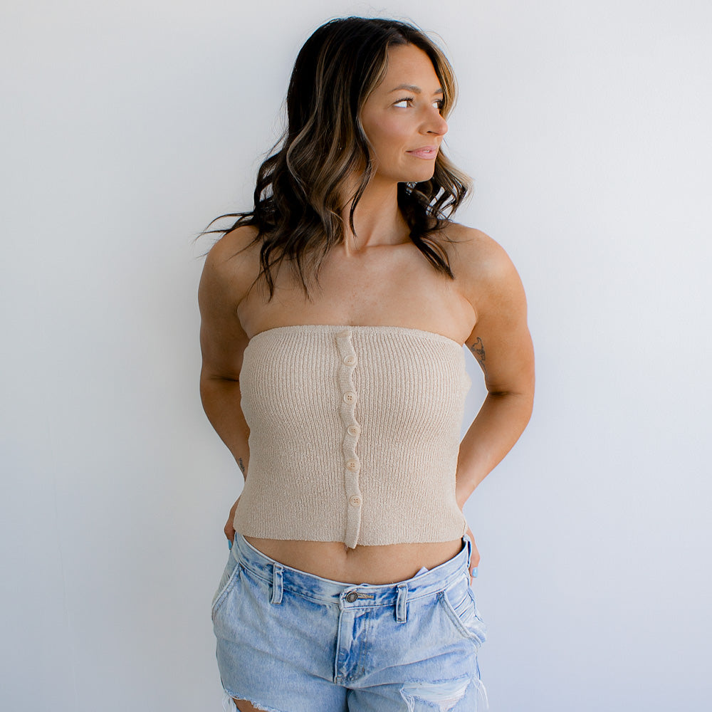 Strapless Button Down Sweater Knit Top