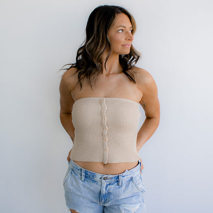 Strapless Button Down Sweater Knit Top