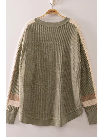 Olive Waffle Knit V Neck