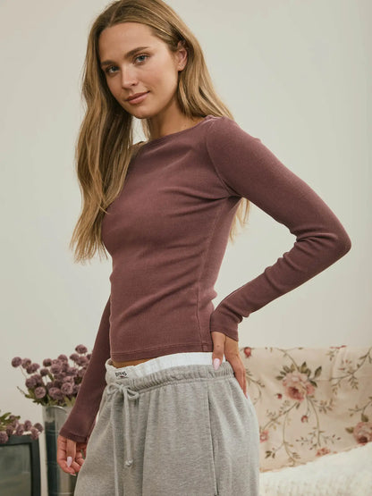 Boat Neck Long Sleeve Ribbed Knit
