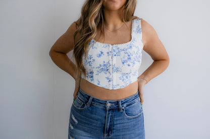 Floral Front Hook & Eye Sleeveless Crop Top