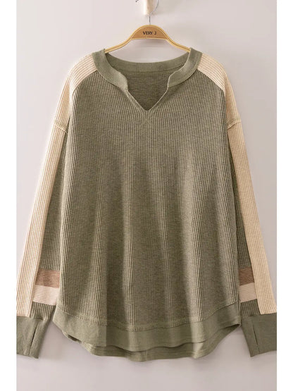 Olive Waffle Knit V Neck