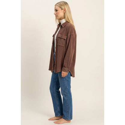 Brown Wash Waffle Knit Button Up Jacket