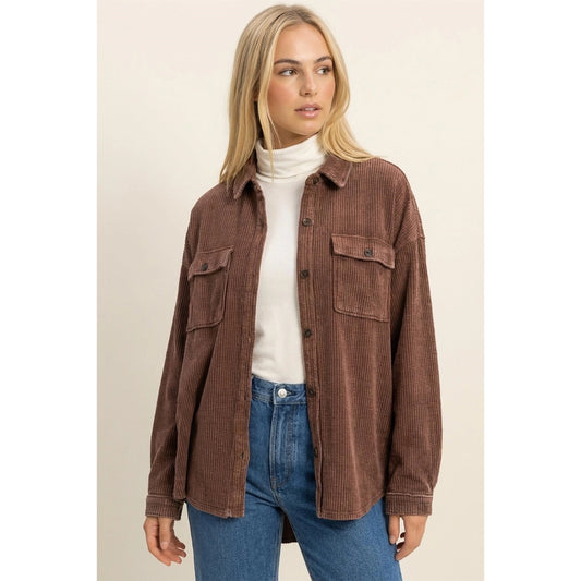 Brown Wash Waffle Knit Button Up Jacket