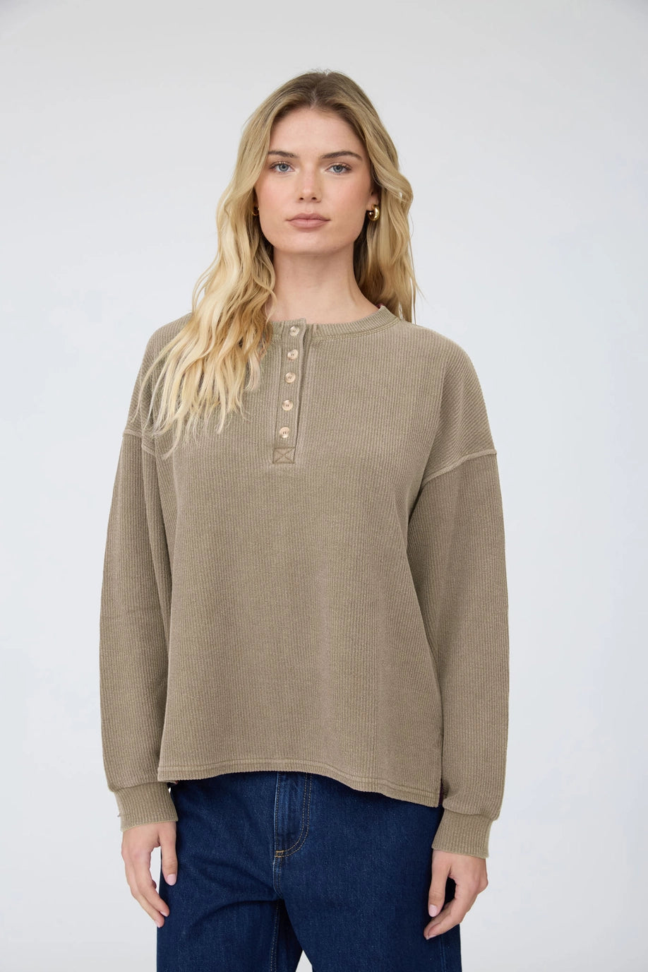 Henley Ribbed Boxy Long Sleeve Washed Knit Top