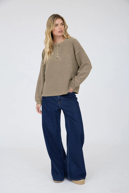 Henley Ribbed Boxy Long Sleeve Washed Knit Top