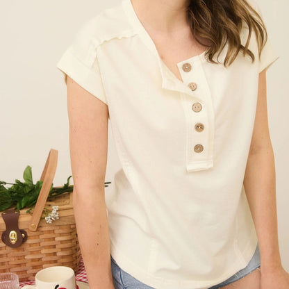 Exposed Seam Short Sleeve Henley Knit Top