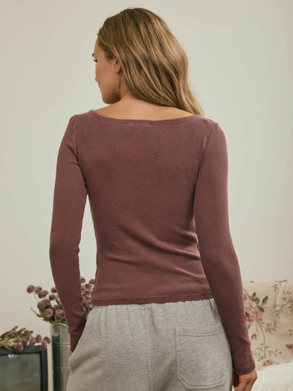 Boat Neck Long Sleeve Ribbed Knit