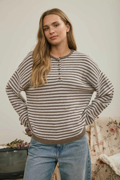 Mocha Striped Henley Sweater