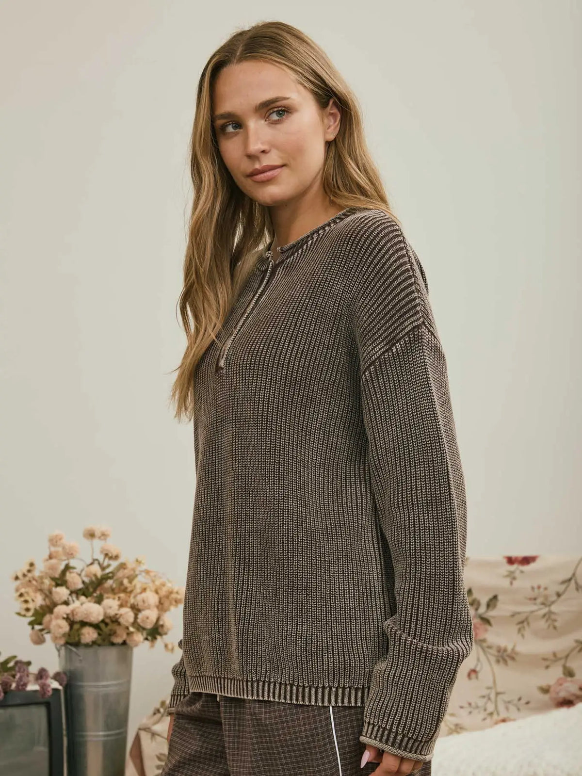 Brown Wash Henley Sweater
