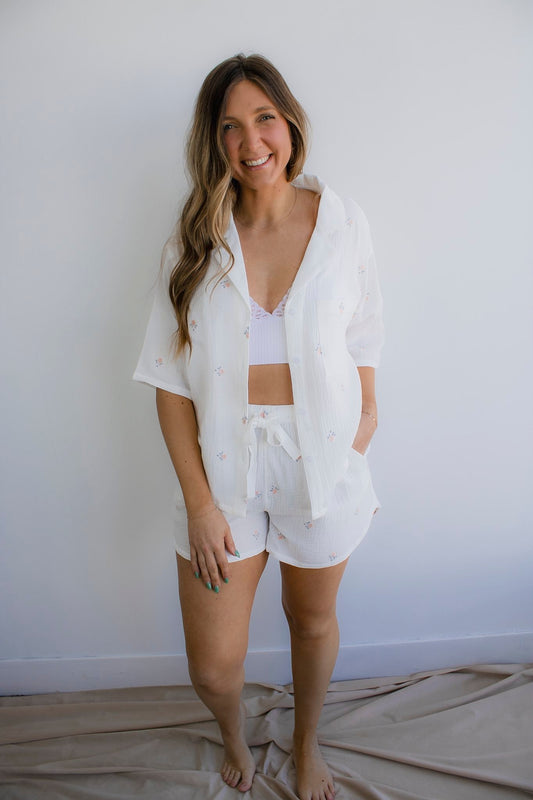 Floral Embroidered Short Sleeve Top and Shorts Set