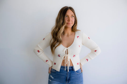 Floral Embroidery Detail Front Tie Knit Cardigan