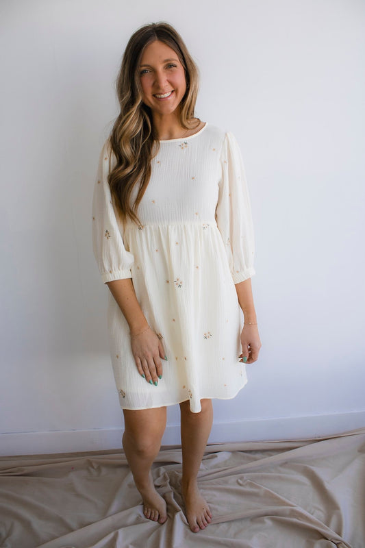 3/4 Sleeve Floral Emroidered Dress