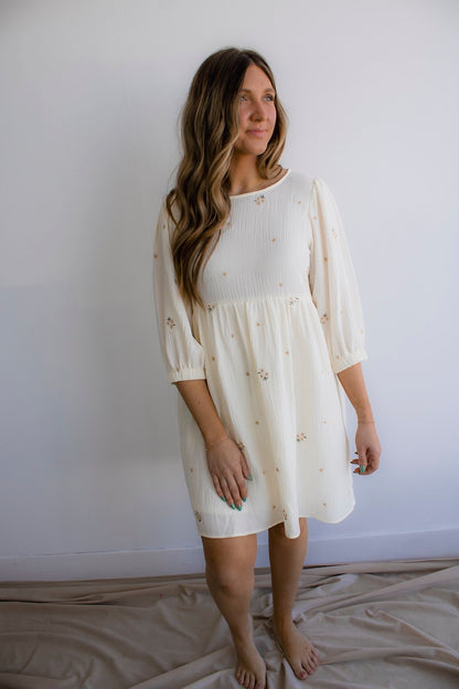 3/4 Sleeve Floral Emroidered Dress