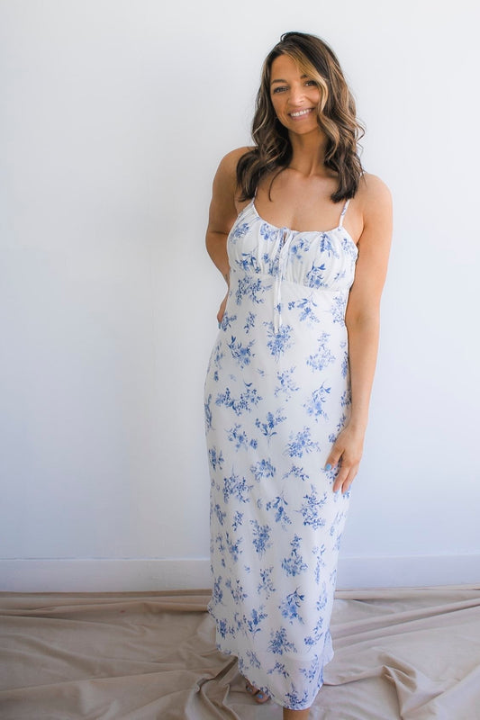 Floral Spaghetti Strap Drawstring Front Midi Dress