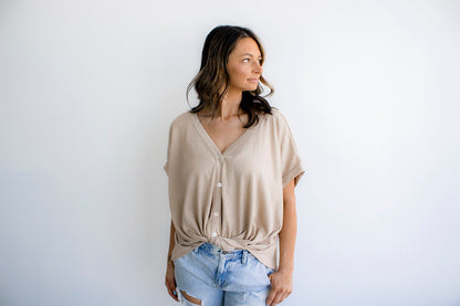V-Neck Button Up Short Sleeve Stripe Top