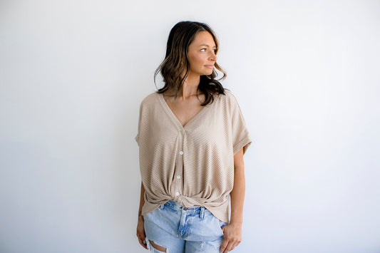 V-Neck Button Up Short Sleeve Stripe Top