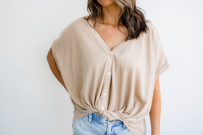 V-Neck Button Up Short Sleeve Stripe Top