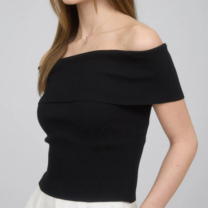 Off the Shoulder Fold Over Sweater Knit Top