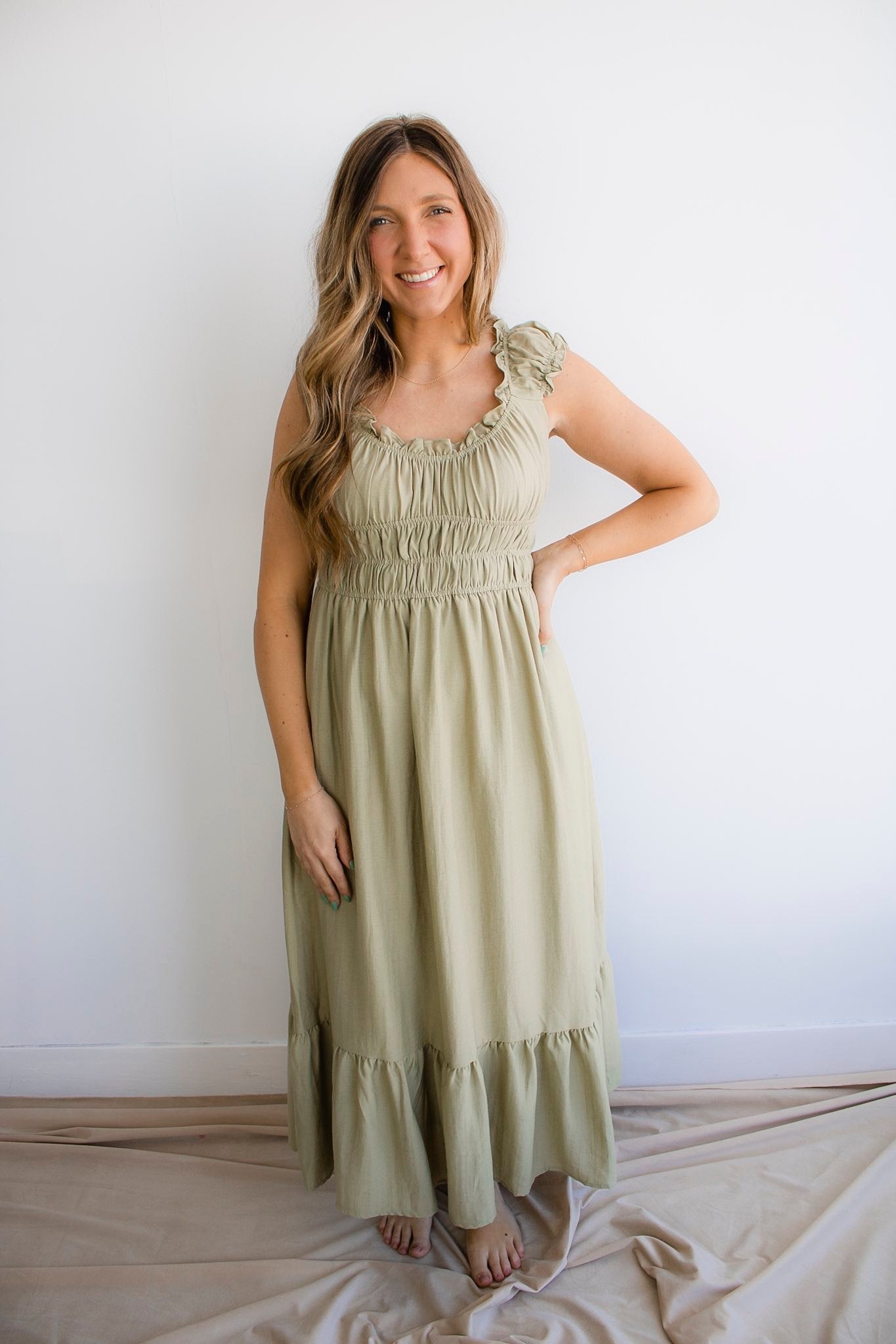 Shirred Waist Short Sleeve Midi Dress