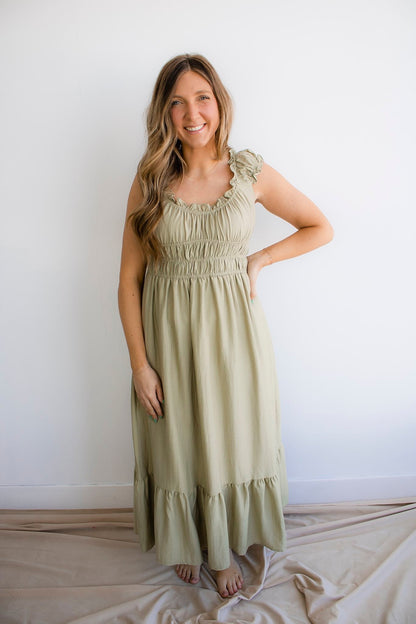 Shirred Waist Short Sleeve Midi Dress