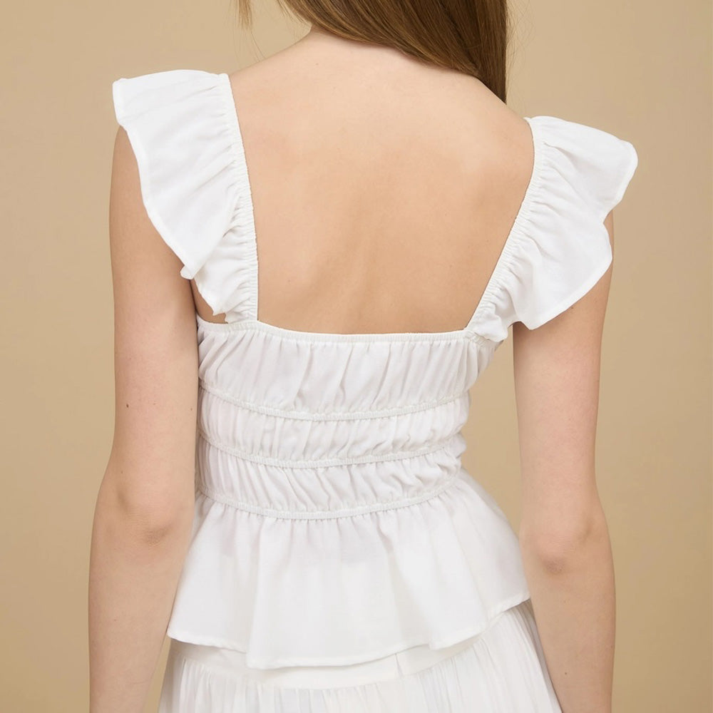 Ruffle Trim Front Tie Shirred Waist Blouse